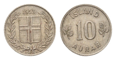 Исландия 10 эйре 1953 KM 10 медно-никель aUNC 4690-656
