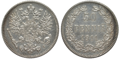 Россия для Финляндии 50 пенни 1911 L, Николай II (1894-1917) КМ 2.2, Биткин 404 серебро 75-863