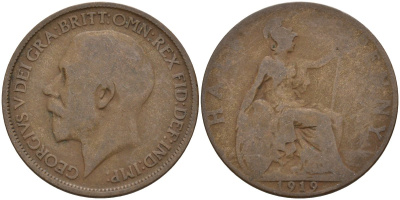 Великобритания 1/2 пенни 1919 Георг V (1910-1936) KM 809, Spink 4056 бронза 4146-137