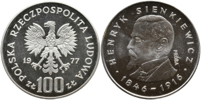 Польша 100 злотых 1977 Генрик Сенкевич (1846-1916), пробный выпуск (PROBA) KM Pr 299 серебро PROOF 441-541