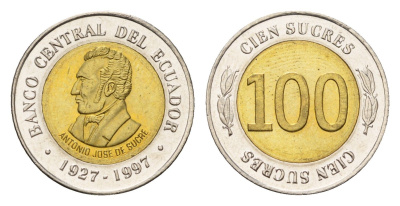 Эквадор 100 сукре 1997 70 лет Центробанку KM 101 биметалл UNC 4697-436
