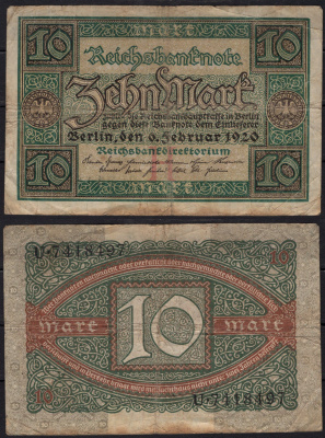 Германия 10 марок 1920 Pick 67a бумага 8602-20-1-2