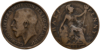 Великобритания 1/2 пенни 1917 Георг V (1910-1936) KM 809, Spink 4056 бронза 4601-426