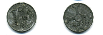 НИДЕРЛАНДЫ 1 ЦЕНТ 1942 ВИЛЬГЕЛЬМИНА (1890-1948) KM 170 цинк 57-411