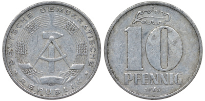 ГДР 10 ПФЕННИГОВ 1965 А алюминий 62-732