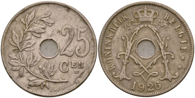 Бельгия 25 сантимов 1926 KM 69 медно-никель 4165-413