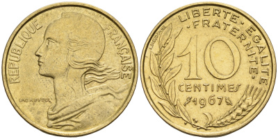 Франция 10 сантимов 1967 тип Марианна KM 929 медь алюминий никель    4152-1229