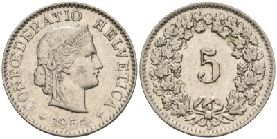 Швейцария 5 раппенов 1954 B KM 26 медно-никель 4608-444