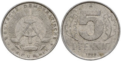 ГДР 5 пфеннигов 1968 A KM 9.1 алюминий 206-666