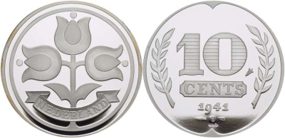НИДЕРЛАНДЫ МЕДАЛЬ ND 10 ЦЕНТОВ 1941, ДИАМЕТР 45 ММ., ВЕС 31,33 ГР. серебро PROOF 00-00
