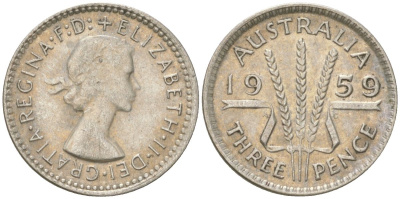 Австралия 3 пенса 1959 Елизавета II (1952-2022) KM 57 серебро 4621-1251