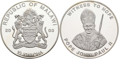 Малави 10 квача 2003 папа Иоанн Павел II, "witness to hope", свидетель надежды, серебрение KM 107 медно-никель PROOF 1098-2-14