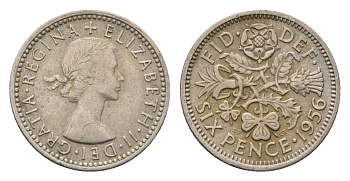 Великобритания 6 пенсов 1956 Елизавета II (1952-2022) KM 903, Spink 4149 медно-никель 4696-822