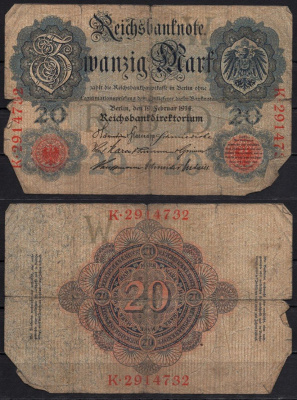 Германия 20 марок 1914 Pick 46b бумага 6293-58-2-2