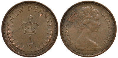 Великобритания 1/2 пенни 1971 Елизавета II (1952-2022) KM 914, Spink 4239 бронза  4181-233