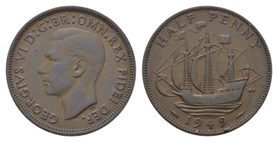 Великобритания 1/2 пенни 1949 Георг VI (1936-1952) KM 868, Spink 4118 бронза 4519-644