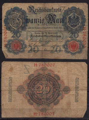 Германия 20 марок 1910 Pick 40 a бумага 6293-54-2-2