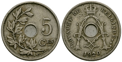 Бельгия 5 сантимов 1920 Belgique KM 66 медно-никель 4173-453