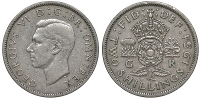 Великобритания 2 шиллинга (флорин) 1951 Георг VI (1936-1952) KM 878, Spink 4107 медно-никель 4131-525