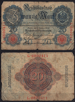 Германия 20 марок 1914 Pick 46b бумага 8592-32-3-1
