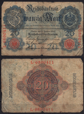 Германия 20 марок 1914 Pick 46b бумага 8592-32-3-1