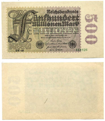 ГЕРМАНИЯ 500000000 МАРОК (500 МИЛЛИОНОВ) 1 СЕНТЯБРЯ 1923, 6 ЦИФР В НОМЕРЕ СЕРИИ, СЕРИЯ BW, ВОДЯНОЙ ЗНАК МАЛЕНЬКИЕ КРУЖКИ Pick 110, Розенберг 109f бумага XF 8611-35-2-2