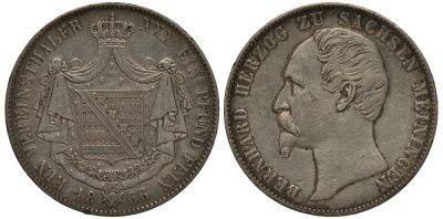 Саксен-Мейнинген 1 талер 1866 Бернгард II Эрих Фрейнд Саксен-Мейнингенский (1821-1866) Jaeger 450, Thun 379, AKS 184, Kahnt 505, KM 167 серебро 00-806-39