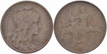 Франция 10 сантимов 1906 тип Дюпюи KM 843, LA FRANC 136.16 бронза 109-223