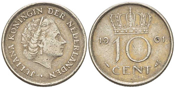 НИДЕРЛАНДЫ 10 ЦЕНТОВ 1961 ЮЛИАНА (1948-1980) KM 182 никель 214-1157