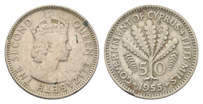 Кипр 50 милей 1955 Елизавета II (1952-2022), год-тип KM 36 медно-никель 4706-642