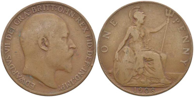 Великобритания 1 пенни 1908 Эдуард VII (1901-1910) KM 794.2, Spink 3990 бронза 109-536
