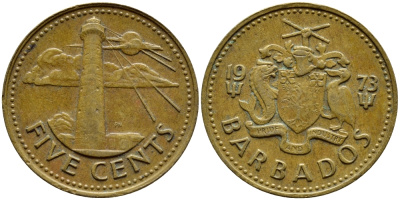 Барбадос 5 центов 1973 маяк Саут-Пойнт KM 11 латунь 4398-512