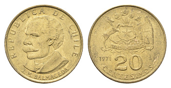 Чили 20 сентесимо 1971 KM 195 алюминиевая бронза UNC 4689-142