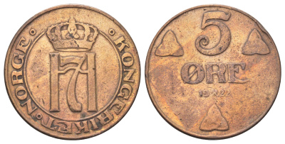 Норвегия 5 эре 1922 Хокон VII (1905-1957) KM 368 бронза 4700-736