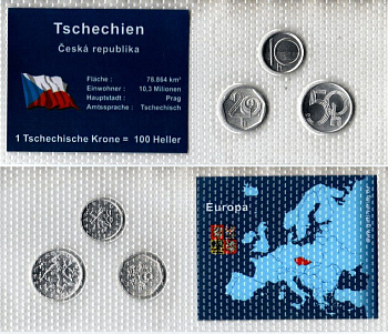 Чехия набор из 3 монет (10, 20 и 50 геллеров) 1993, 1994 и 2006 в красочной упаковке с информацией о стране KM 2.1, 3.1 и 6 алюминий UNC 5-4-1-129