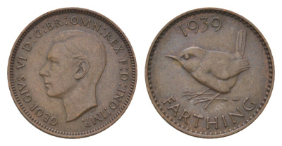 Великобритания 1 фартинг 1939 Георг VI (1936-1952) KM 843, Spink 4116 бронза 4627-821