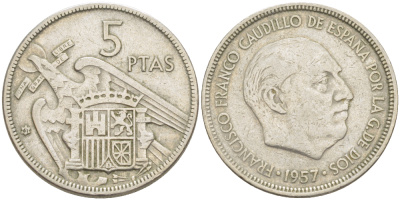 ИСПАНИЯ 5 ПЕСЕТ 1957 (61) ФРАНСИСКО ФРАНКО ДИКТАТОР ИСПАНИИ ( 1939- 1975) KM 786 медно-никель 216-642