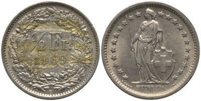 Швейцария 1/2 франка 1969 В KM 23а.1 медно-никель 4532-866