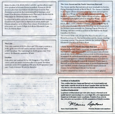 Канада 20 долларов 1990 самолеты Энсон и Гарвард, маршал Роберт Леки в оригинальной коробке с сертификатом KM 173 серебро, позолота PROOF 7-5-4-14