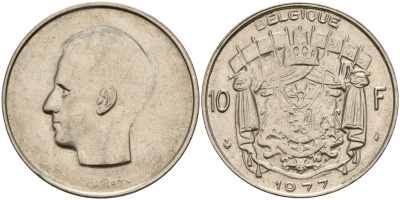 Бельгия 10 франков 1977 Belgique, Бодуэн I (1951-1993) KM 155.1 никель  4187-512
