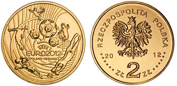 Польша 2 злотых 2012 чемпионат Европы по футболу, евро 2012, УЕФА, Польша-Украина KM 823 латунь UNC 4566-114