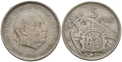 Испания 5 песет 1957 (60) Франсиско Франко (1939-1975) KM 786 медно-никель 186-454