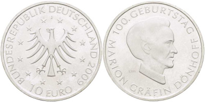 ФРГ 10 евро 2009 J, 100 лет со дня рождения графини Марион Дёнхофф KM 284, DE.S. 10.44 серебро UNC 413-813