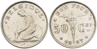 БЕЛЬГИЯ 50 САНТИМОВ 1927 BELGIQUE, АЛЬБЕРТ I (1909-1934) KM 87 никель 206-132