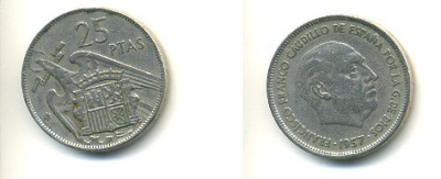ИСПАНИЯ 25 ПЕСЕТ 1957 (59) ФРАНСИСКО ФРАНКО ДИКТАТОР ИСПАНИИ (1939-1975) KM 787 медно-никель 54-2233
