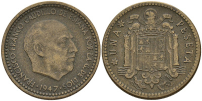 Испания 1 песета 1947 (53) Франсиско Франко (1939-1975) KM 775 алюминиевая бронза 4155-325