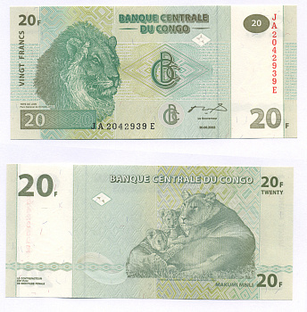 ДР Конго 20 франков 2003 львы Pick 94 a бумага UNC (пресс) 7221-73-3