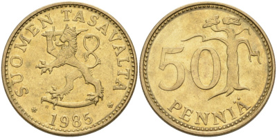 Финляндия 50 пенни 1985 N KM 48 алюминиевая бронза 4563-444