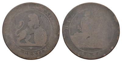 Испания 10 сентимо 1870 ОМ, лев со щитом KM 663 медь 4692-843
