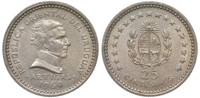 Уругвай 25 сентесимо 1960 KM 40 медно-никель 4576-136